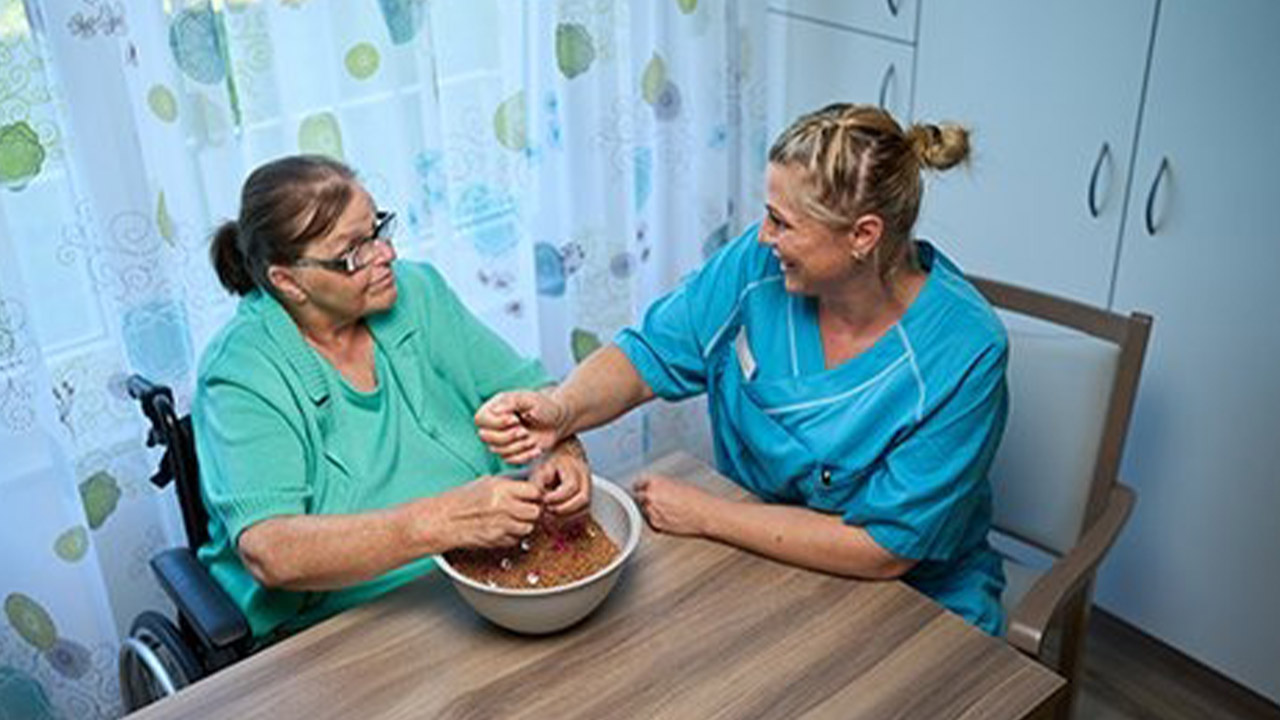 Evdiak Bild von einer Pflegerin und einer Seniorin am Tisch sitzend