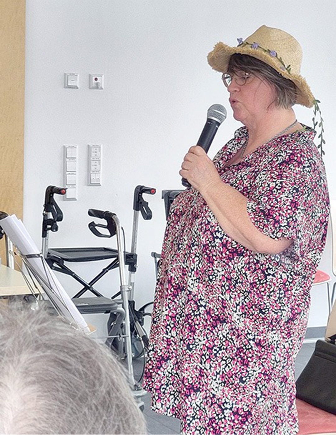 Evdiak Bild einer Frau mit Mikrophon und Strohhut