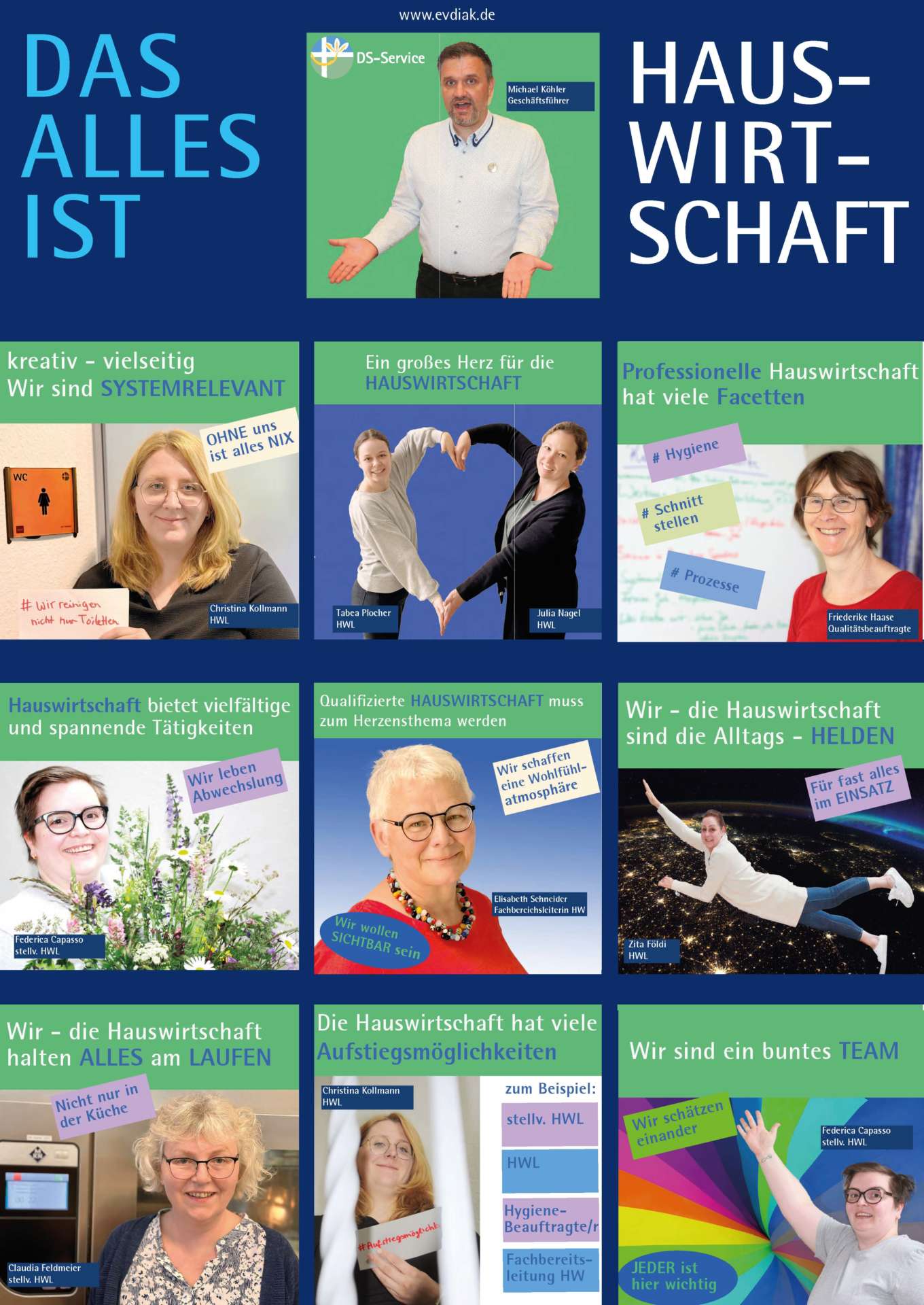Evdiak Vielseitiges Poster, welches in einzelnen Kacheln den Mehrwert durch Mitarbeitende der Hauswirtschaft vermittelt